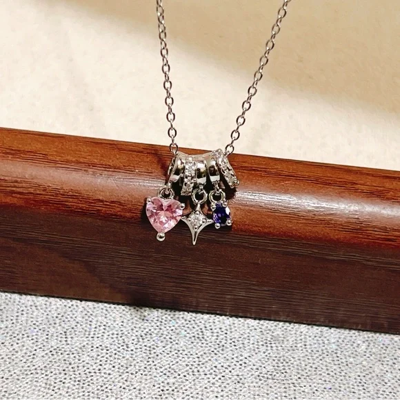 ✨ cute dangle with little pink heart tones/ star/ purple stones necklace - Picture 9 of 12